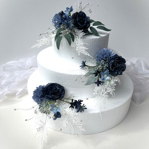 Dusty Blue Cake Topper Flowers Wedding Cake Toppers Dusty Navy Blue Silver Pearls Eucalyptus White Ferns Cake Flowers Faux Silk Cake Toppers