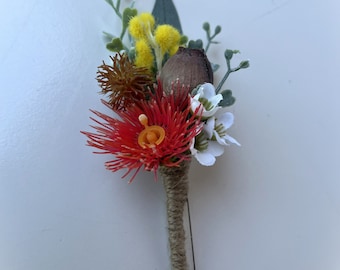 Australian native flowers buttonhole groom flower wattle wax flowers gum blossom boutonniere blue gum nut rustic garden flower buttonholes