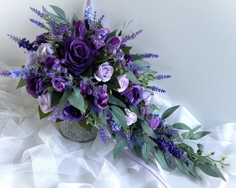 Purple Wedding Bouquets Deep Purple Lavender Lilac Bridal Weddings Bouquet Artificial Flower Teardrop Bouquets Garden Flowers Weddings