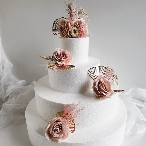 Wedding Cake Topper Arrangements floraux Mariages Cake Toppers Dusty Pink Gold Fleurs séchées Misty Wheats Bridal Wedding Cake Flower Set