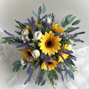 Sunflower Wedding Bouquet Cream Rose Purple Lavender Sunflowers Eucalyptus Bridesmaids Wedding Bouquets Faux Silk Rustic Weddings Flowers