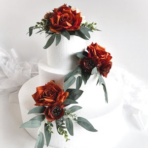 Wedding Cake Topper Arrangements Flowers Cake Decorations Burnt Orange Brown Eucalyptus Wedding Cake Arrangements Artificial cake Toppers