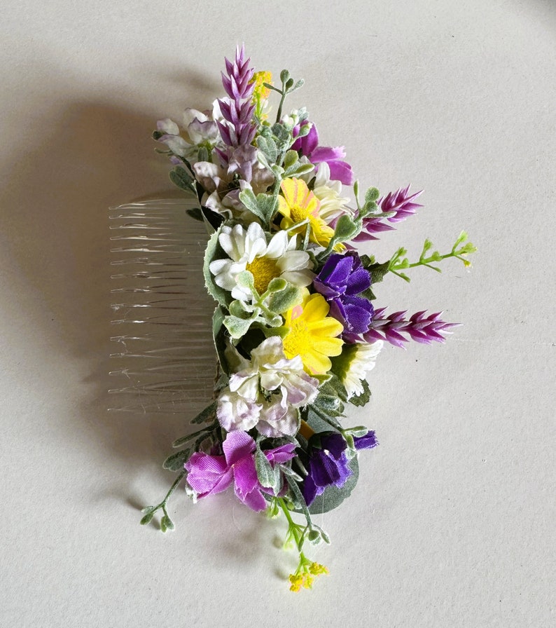 Wildflower Hair Comb Piece Cottage Flower Hair Flowers Daisy Cosmos Wild Flowers Wedding Bridesmaid Hairpiece Flower Comb Purple Yellow image 2