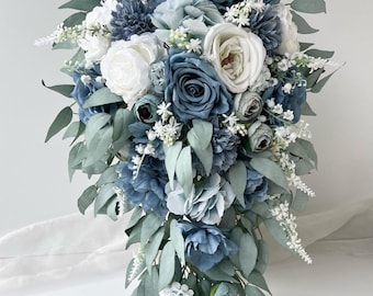Dusty Blue Cascading Wedding Bouquet: Eucalyptus & Silk Flowers Bridesmaids Buttonhole Cake Flowers
