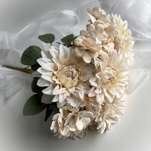 Dahlia Hydrangea Bush Faux Silk Flowers Bouquet Artificial Flower Beige Ivory Dahlias Hydrangeas Flowers DIY Wedding Bouquets Arrangements image 7