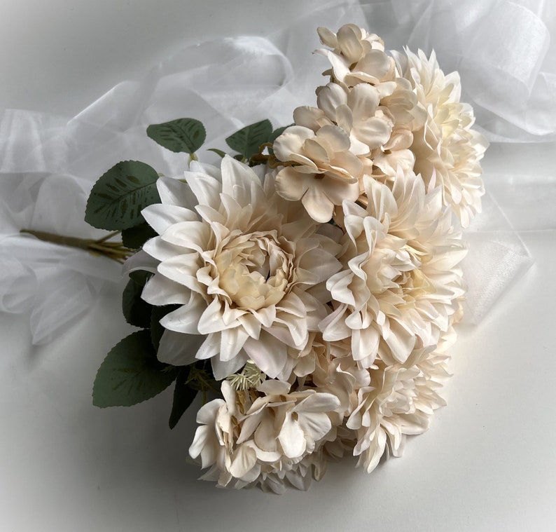 Dahlia Hydrangea Bush Faux Silk Flowers Bouquet Artificial Flower Beige Ivory Dahlias Hydrangeas Flowers DIY Wedding Bouquets Arrangements image 7