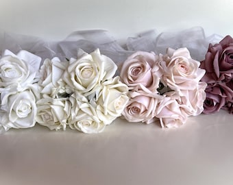 Real Touch Rose Bouquet Latex Soft Pink White Dusty Pink Soft Touch Open Roses Life Like Rose Blooms Wedding Bouquets 5 x Heads Rose Bouquet