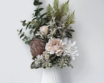 Flower Arrangement Brown Protea Beige Peony Dahlia Ferns Eucalyptus Faux Silk Flower Arrangements 70 cm High Flower Bunch Artificial Flower