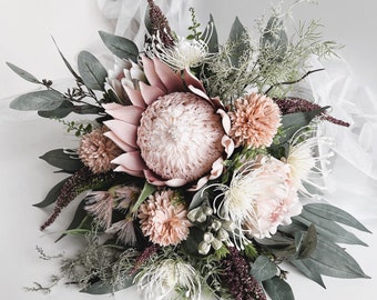 Australian Native Flowers Dusty Pink King Protea Gum Blossom Eucalyptus Bridal Bouquet Groom Buttonhole Rustic Boho Weddings Bouquets Flower