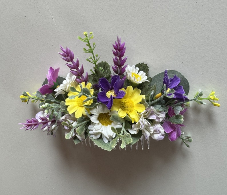 Wildflower Hair Comb Piece Cottage Flower Hair Flowers Daisy Cosmos Wild Flowers Wedding Bridesmaid Hairpiece Flower Comb Purple Yellow image 5