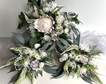 Australian Native Flowers Wedding Bouquet King Protea Bridal Bouquets Eucalyptus Dahlia Faux Silk Flower Bridesmaids Buttonhole Bouquets