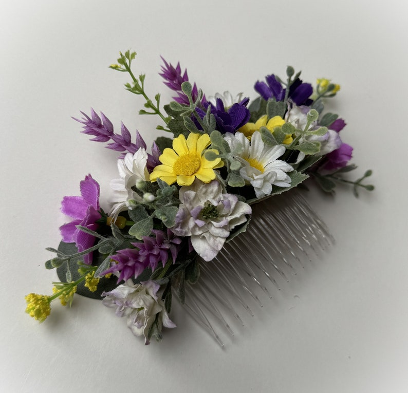 Wildflower Hair Comb Piece Cottage Flower Hair Flowers Daisy Cosmos Wild Flowers Wedding Bridesmaid Hairpiece Flower Comb Purple Yellow image 1