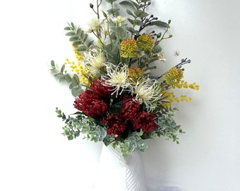 Flower Arrangement Australian Native Flowers Red Leucospermum Eucalyptus Golden Wattles Floral Arrangements Faux Silk Pre Made Arrangement