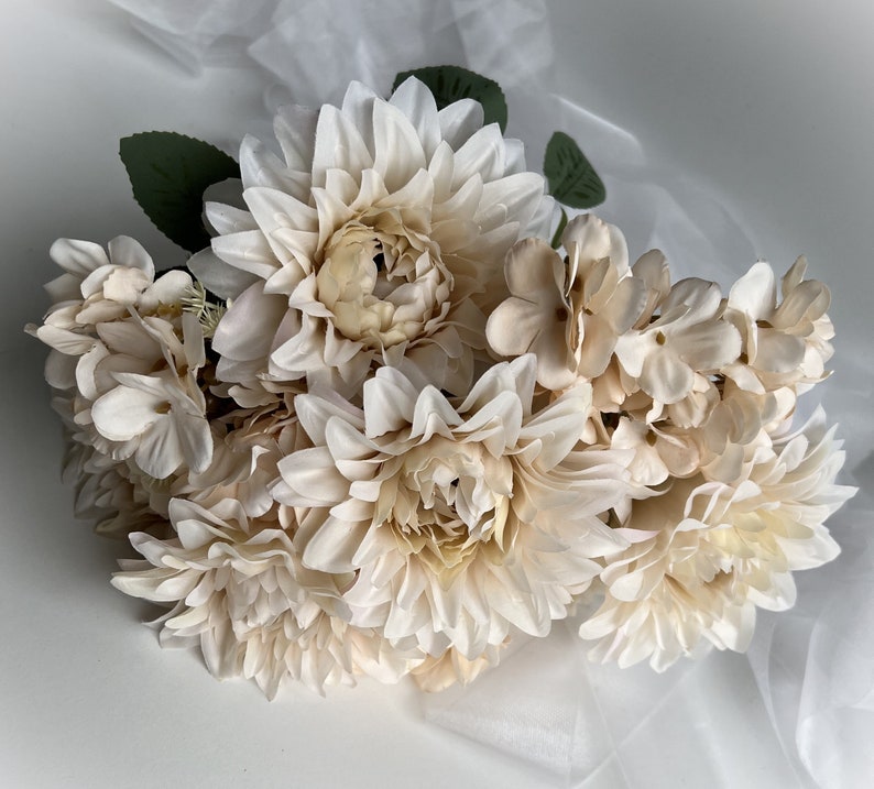 Dahlia Hydrangea Bush Faux Silk Flowers Bouquet Artificial Flower Beige Ivory Dahlias Hydrangeas Flowers DIY Wedding Bouquets Arrangements image 5