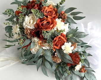 Cascading Wedding Bouquet Bunt Orange rust ivory eucalyptus Bridesmaids Bouquets Groom Boutonnières Bridal Cascade Bouquet Rustic Flowers