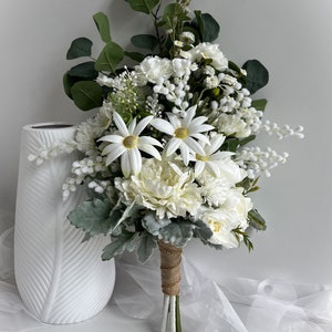 White Wedding bouquet Bridal Bouquets Weddings Flowers Cosmos Dahlia Daisy Peony Eucalyptus Dusty Miller Wedding Bouquet Buttonhole Flowers