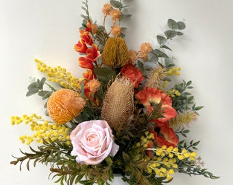 Flower Arrangement Australian Native Flowers Banksia Wattle Flowers Poppy Rose Faux Silk Eucalyptus Floral Rustic Bouquet Flowers Artificial