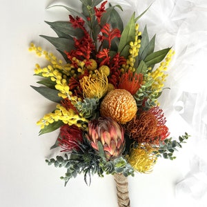 Australian Native Flower Wedding Bouquet Protea Banksia Wattle Kangaroo Paw Eucalyptus Gum Bridal Weddings Bouquet Flowers Rustic Flower