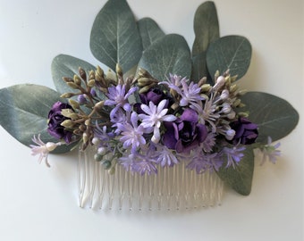 Australian native flower eucalyptus gum buds purple mini rose lavender gyp hair comb veil hair flowers wedding flowers artificial bridal