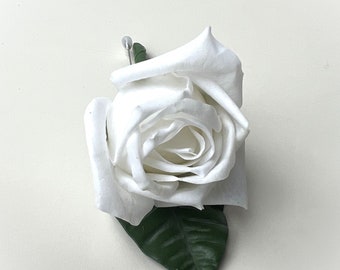 White Rose Boutonniere: Real Touch Latex Groom Groomsmen Pin