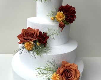 Décorations pour gâteau de prairie fleurs pour gâteau de mariage carie orange rouille fleurs sauvages Arrangements pour gâteau de mariage ensemble de soie artificielle Fux