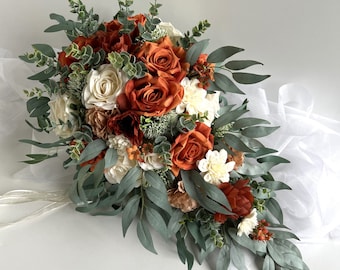 Wedding Bouquets Bridal Bouquet Eucalyptus weddings Faux Silk Flowers Cascading Teardrop Bouquets Burnt Orange Rust Orange Boho Flowers