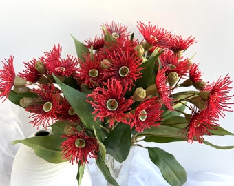 Gum Blossom Stem Australian Native Flowers Eucalyptus Gum Blossom Red Flower Spray Faux Silk Flowers Rustic Native Blossoms Flowers x 1