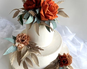 Gâteau Topper Arrangements Fleurs Décorations De Gâteau De Mariage Brûlé Orange Brun Eucalyptus Herbe De La Pampa Gâteau De Mariage Gâteau Artificiel Toppers