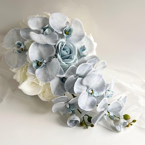 Cascading Wedding Bridal Bouquets Dusty Blue White Real Touch Orchids Pale Blue Roses Faux Silk Dahlia Peony Cascade Weddings Bouquet Flower