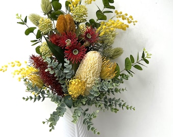 Flower Arrangement Australian Native Flowers Red Gum Blossom Banksia Wattle Bottle Brush Flowers Faux Silk Eucalyptus Floral Bouquet Flowers