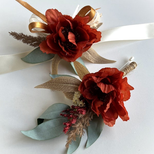 Burnt Orange Wrist Corsage Rustic Buttonholes Groom Boutonnière Dried Flower Buttonhole Artificial Wedding Flowers Falls Autumn Pampas Grass