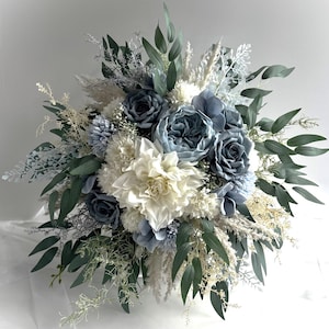 Dusty Blue Cascading Wedding Bouquet  Eucalyptus Roses Faux Silk Cascade Wedding Flower Bouquets Bridal Flowers Pale Rose Blue White Dahlia
