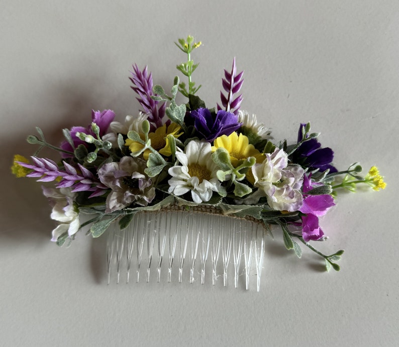 Wildflower Hair Comb Piece Cottage Flower Hair Flowers Daisy Cosmos Wild Flowers Wedding Bridesmaid Hairpiece Flower Comb Purple Yellow image 4