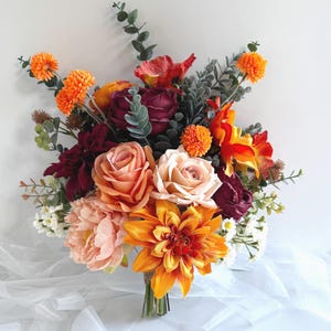 Wildflower Wedding Bouquet: Rust Orange Burgundy Silk Floral