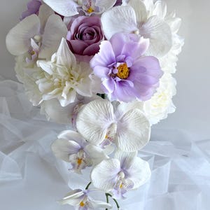 Orchid Bouquet Cascading Wedding Bouquets Bridal Cascade Purple Lilac White Orchids Cosmos Peony Latex Rose Dahlia Faux Silk Flower Bouquet