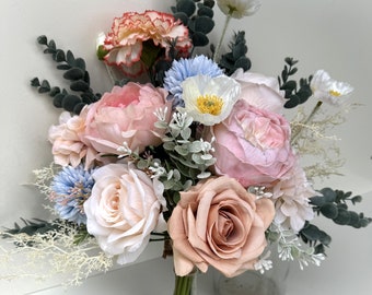 Wildflower Bouquet Bridal Wedding Bouquets Poppy Cabbage Rose Snow Ball Dahlia Gum Weddings Flower Bouquet Faux Silk Beige Pink Blue Flowers