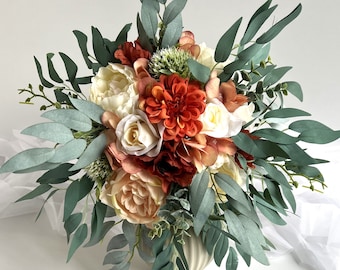 Burnt Orange Bouquet Falls Autumn Colour Eucalyptus Bridesmaids Wedding Bouquets Rust Orange Beige Ivory Maids Bridal Flower Weddings