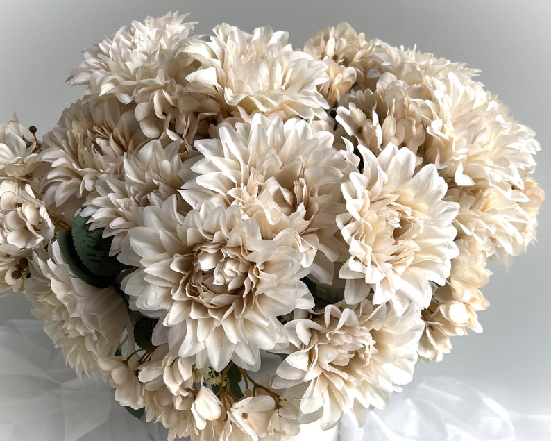 Dahlia Hydrangea Bush Faux Silk Flowers Bouquet Artificial Flower Beige Ivory Dahlias Hydrangeas Flowers DIY Wedding Bouquets Arrangements image 1