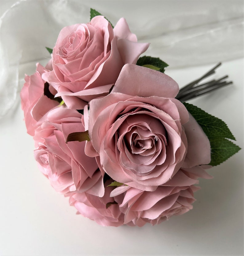 Dusty pink rose bouquet artificial silk flower rustic roses pre made flower bunch wedding flowers DIY bridal bouquet arrangement image 3