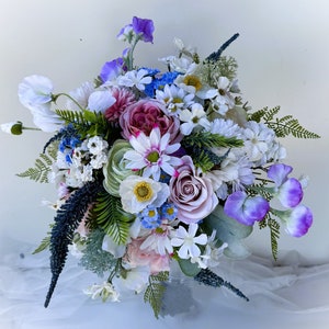 Wedding Bouquet Bridal Bouquets Faux Silk Wild Flower Summer Bouquet Pink Lavender Blue White Garden Style Weddings Bouquet Floral Bouquets