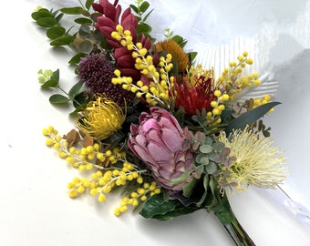 Flower Arrangement Australian Native Flowers Gum Blossom Banksia Wattle Flowers Pink Protea Faux Silk Eucalyptus Floral Bouquet Flowers