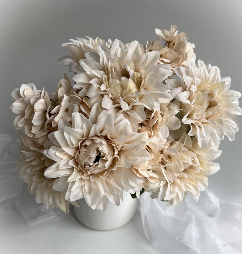 Dahlia Hydrangea Bush Faux Silk Flowers Bouquet Artificial Flower Beige Ivory Dahlias Hydrangeas Flowers DIY Wedding Bouquets Arrangements image 8