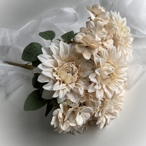 Dahlia Hydrangea Bush Faux Silk Flowers Bouquet Artificial Flower Beige Ivory Dahlias Hydrangeas Flowers DIY Wedding Bouquets Arrangements image 4