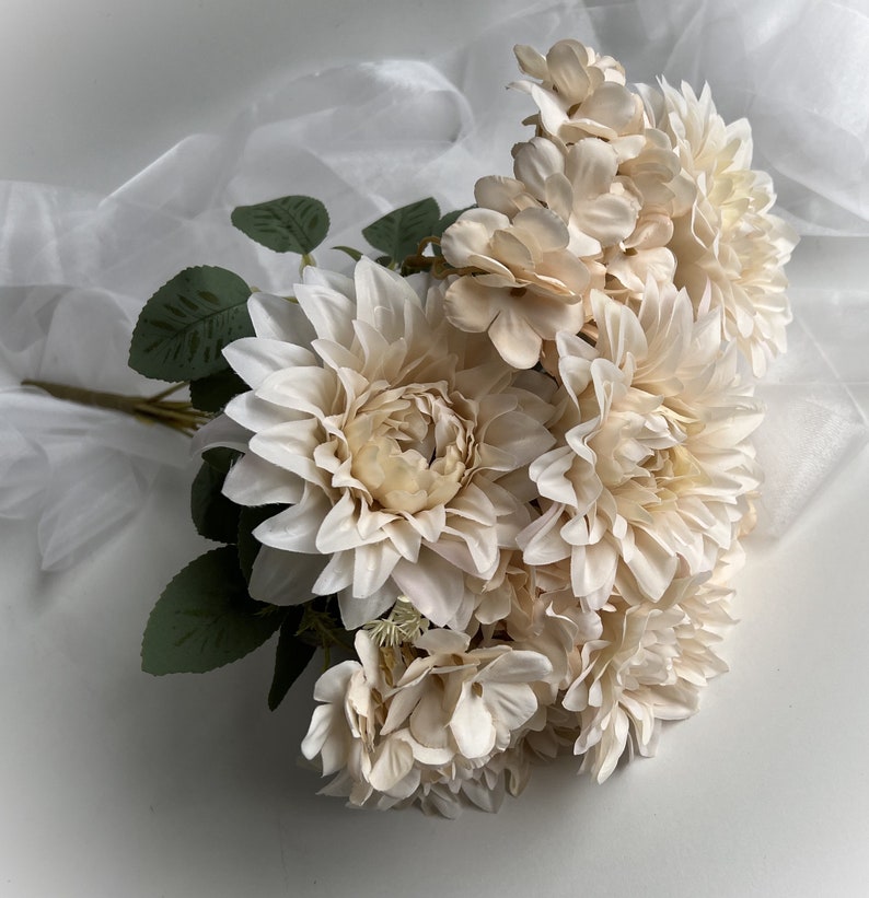 Dahlia Hydrangea Bush Faux Silk Flowers Bouquet Artificial Flower Beige Ivory Dahlias Hydrangeas Flowers DIY Wedding Bouquets Arrangements image 4