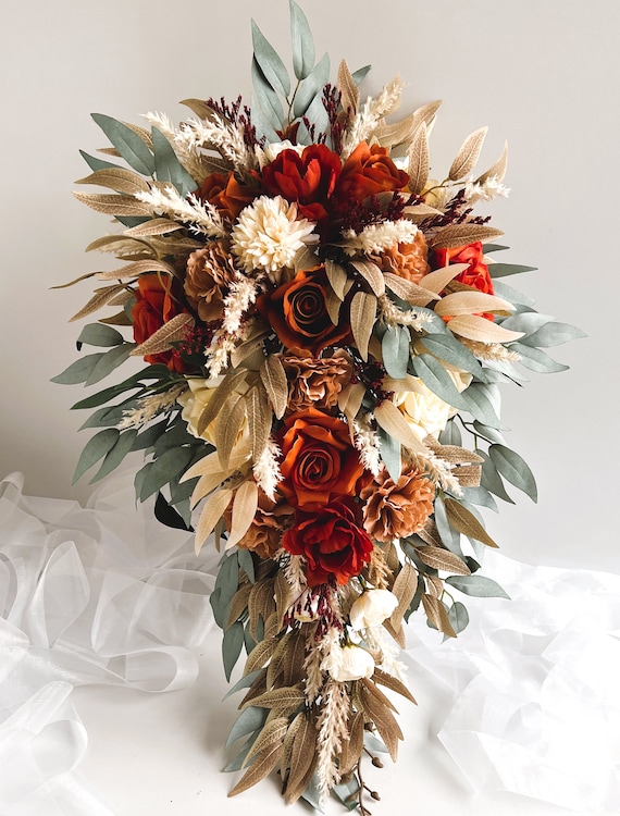 Cascade Wedding Bouquets Burnt Orange Rust Pampas Grass Autumn Eucalyptus  Weddings Bouquet Cascading Bridal Flowers Bridesmaids Buttonholes - Etsy