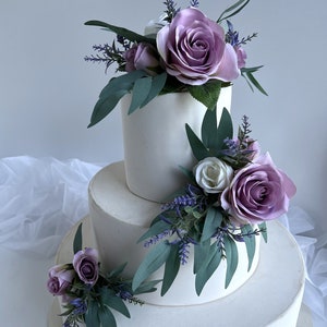 Cake Topper Arrangements Flowers Wedding Cake Decorations Lavender Dusty White Eucalyptus Wedding Cake Arrangements Artificial cake Toppers