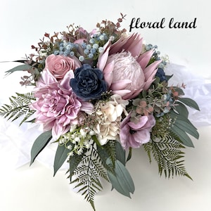 King Protea Wedding Bouquet Dusty Pink Dahlia Protea Eucalyptus Fern Bridal Wedding Bouquet Cascade Weddings Flowers Faux Silk Weddings