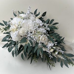 Cascading White Wedding Bouquet: Faux Eucalyptus, Peony & Rose