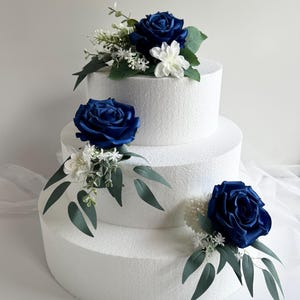 Blue Wedding Cake Topper Flower Arrangements Royal Blue White Eucalyptus Cake Toppers Silk Flowers Cake Topper Decoration Artificial Flower