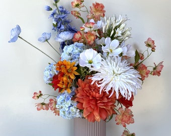 Flower Arrangement Floral Bouquet Arrangement Orange White Blue Faux Silk Flowers Artificial Pre Made Flower Chrysanthemum Cosmos Poppy Rose